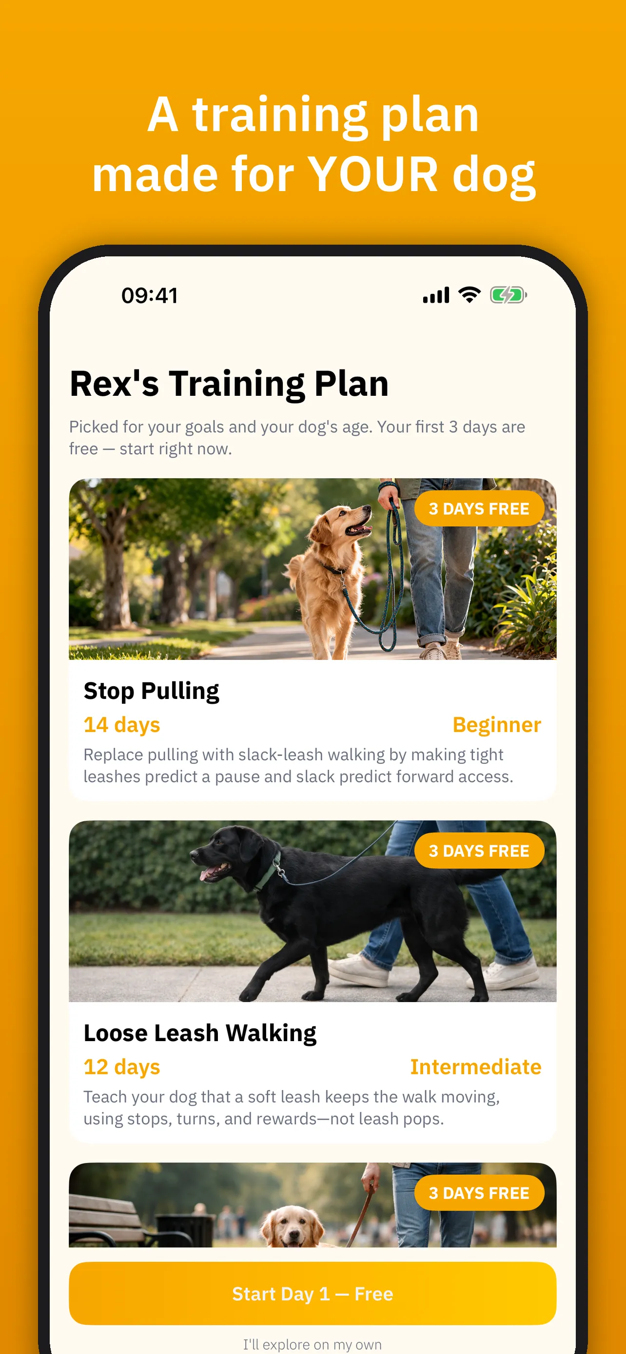 GoPuppy showing a personalised training plan for a dog, broken into daily sessions